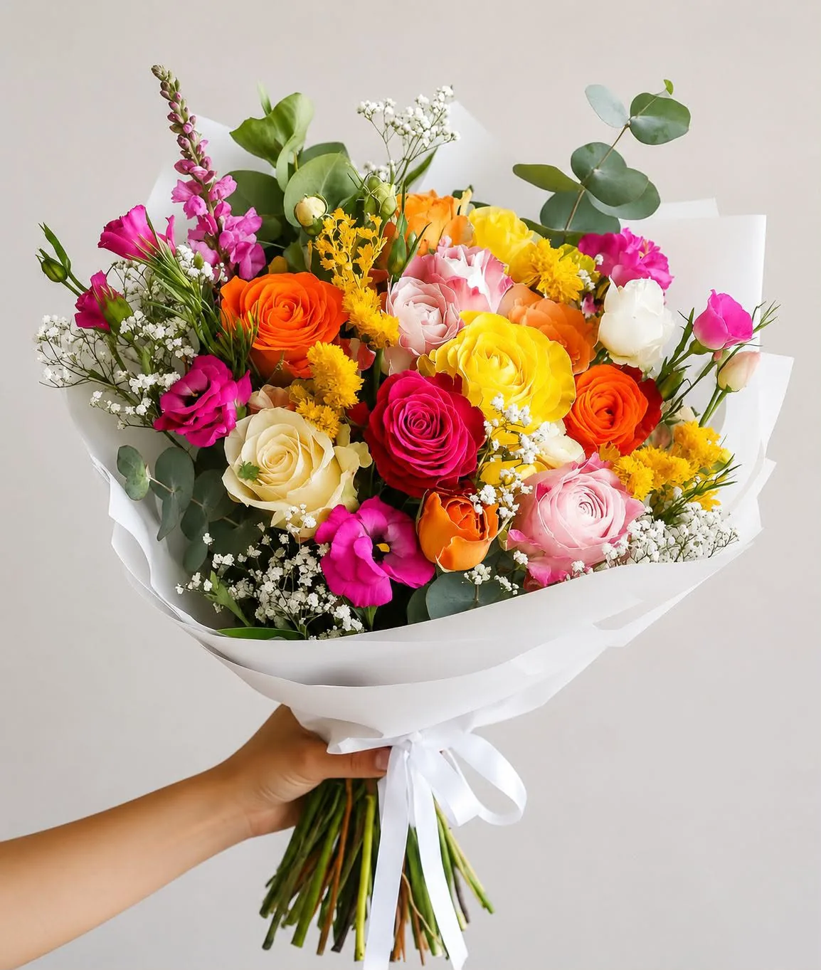 Buquê colorido com rosas, lisianthus e flores do campo entregue pela Akio Floricultura em Itaim Paulista