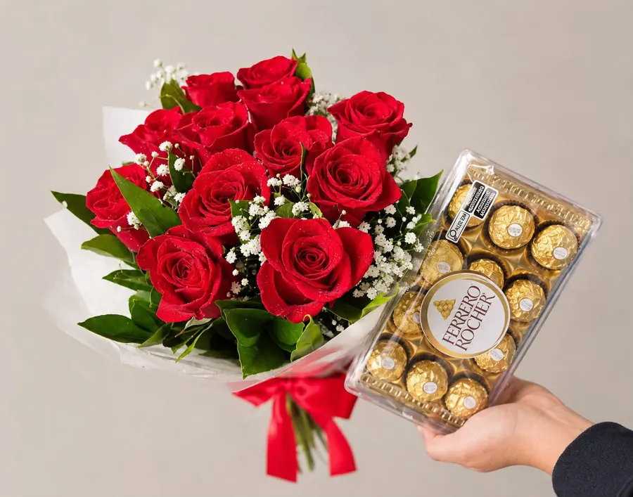 Buquê de 12 rosas vermelhas Importadas com caixa de Ferrero Rocher